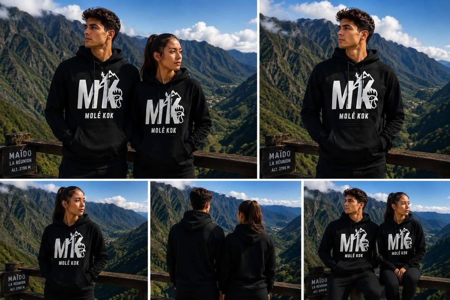 Sweat à capuche Molé Kok® noir porté dans les Hauts de La Réunion, ambiance froid et montagne
